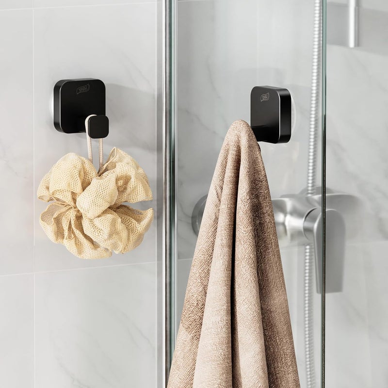 Taili 304 Stainless Steel Bathroom Suction Hook for Towel, Loofah, Bathrobe, Patented Strong Suction Cup, Damage-Free Hanging Glass Shower Wall Hook, Hold Up to 11 Lbs, 2 Pack, Modern Square, Black - Image 3